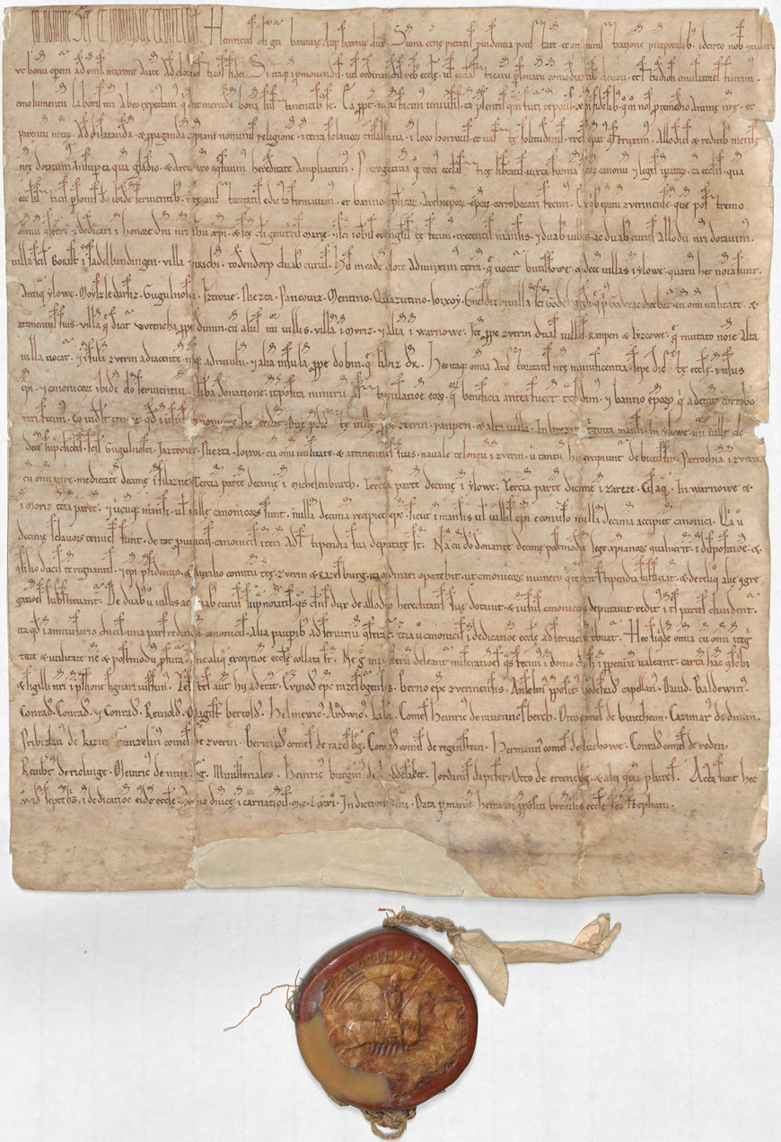 Urkunde mit dem Siegel Heinrich des Löwen anlässlich der Weihe des Schweriner Doms 1171 (Quelle: LHAS, 1.5-2/3, Nr. 1a)
