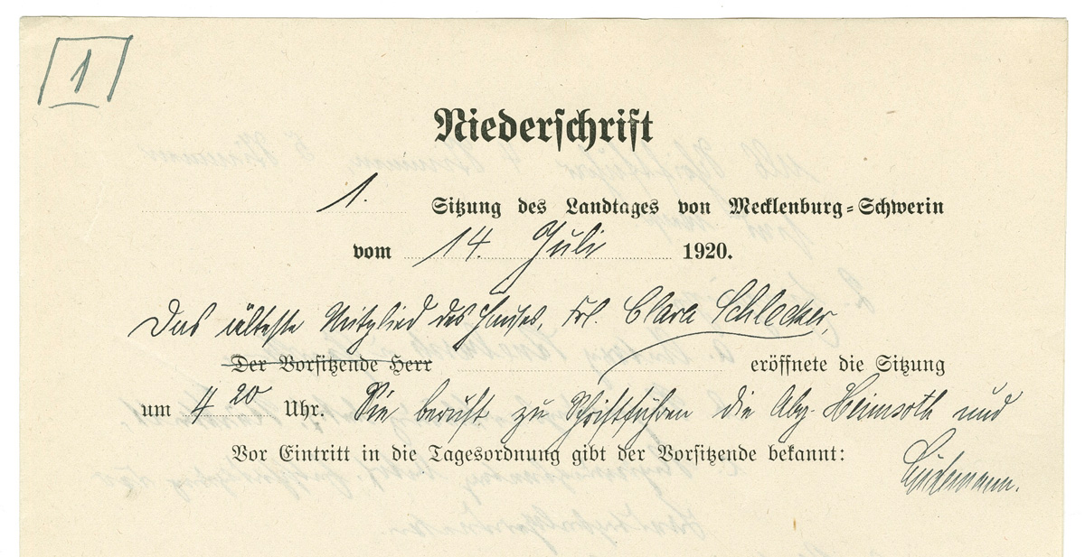 Abb. 1: Auszug aus der Niederschrift des Protokolls der konstituierenden Sitzung des 1. Ordentlichen Landtags von Mecklenburg-Schwerin am 14. Juli 1920 (LHAS, 5.11-2, Nr. 272, quadr. 1)