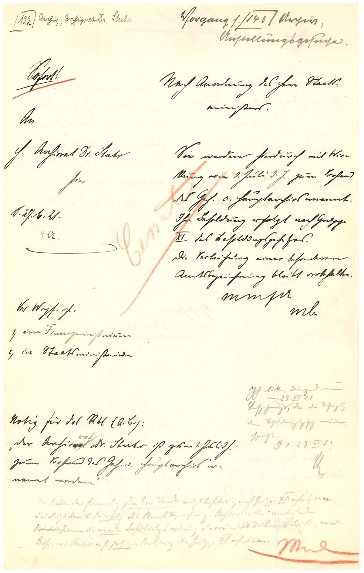 Abb. 1: Die Ernennung von Friedrich Stuhr zum Archivvorstand am 27. Juni 1921 und ihre Rücknahme