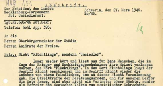 Abb.1: Rundschreiben des Umsiedleramtes Mecklenburg-Vorpommern vom 27. März 1946