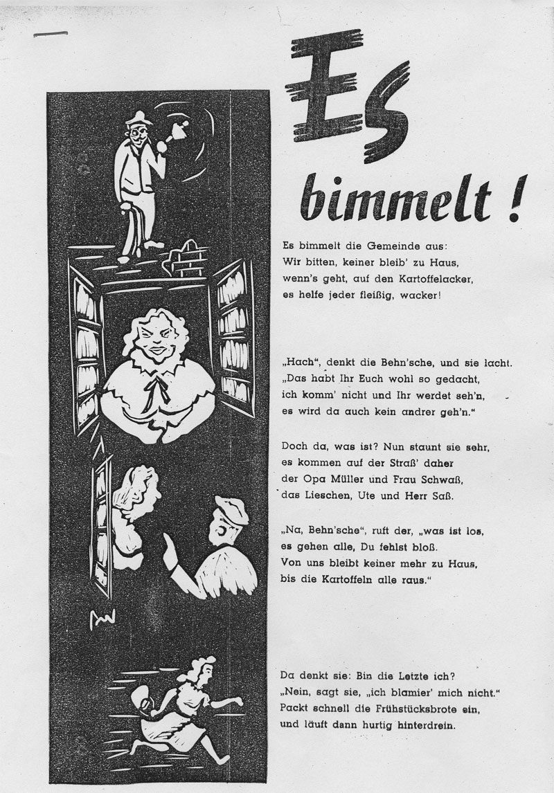 Flugblatt mit Linolschnitt und dazu passendem Gedicht Quelle: LHAS,11.5-2, Signatur 211 (Es bimmelt, 1959); 13.3-2, Signatur 528 (Städter helfen Kartoffellesen, 1958) Flugblatt mit Linolschnitt und dazu passendem Gedicht