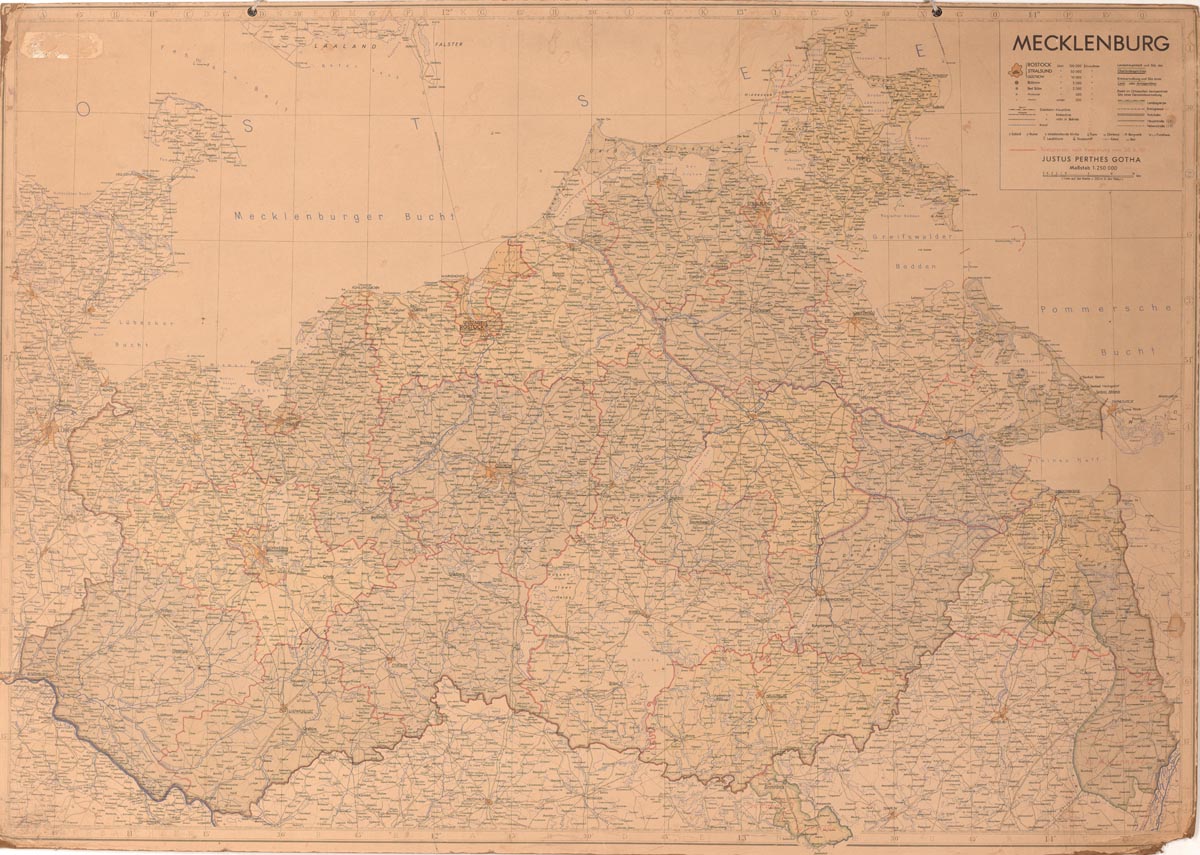 Abb. 1: Verwaltungskarte des Landes Mecklenburg mit Einzeichnung der 1950 geänderten Grenze zum Land Brandenburg