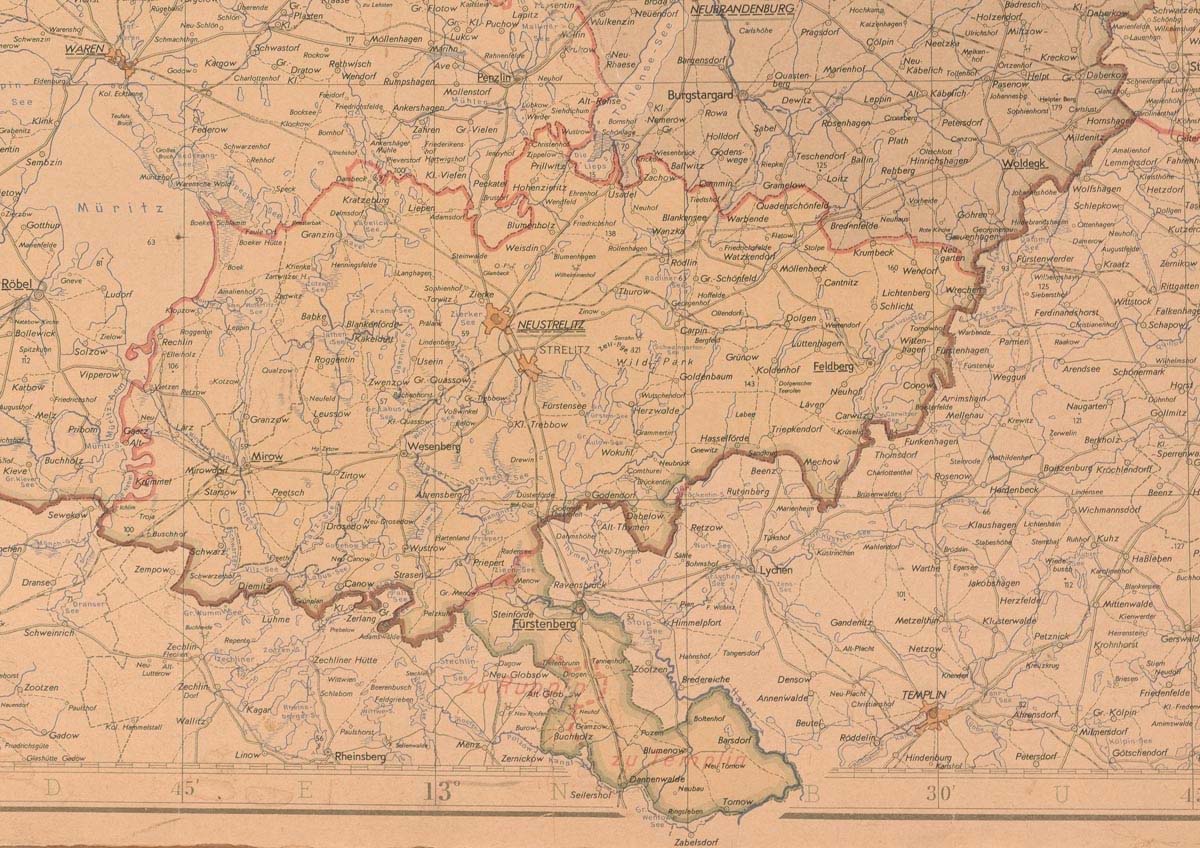 Abb. 2: Kreis Neustrelitz mit Einzeichnung der 1950 nordwestlich von Fürstenberg geänderten Grenze zum Land Brandenburg. Ausschnitt aus der Verwaltungskarte des Landes Mecklenburg