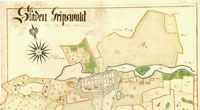 Karte der Schwedischen Landes­aufnahme von Greifswald (Interner Link: Mehr über die Schwedische Landesaufnahme von Pommern)