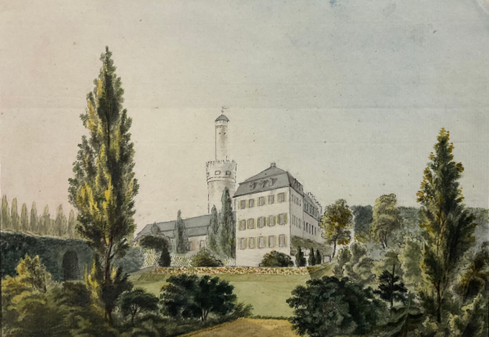 Homburger Schloss. Bibliotheksflügel. Farbige Tuschezeichnung von Auguste