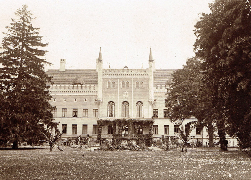 Abb. 1 Herrenhaus Broock, Lkr. Vorpommern-Greifswald, Westseite, Pleasureground mit Blutbuche, um 1890.