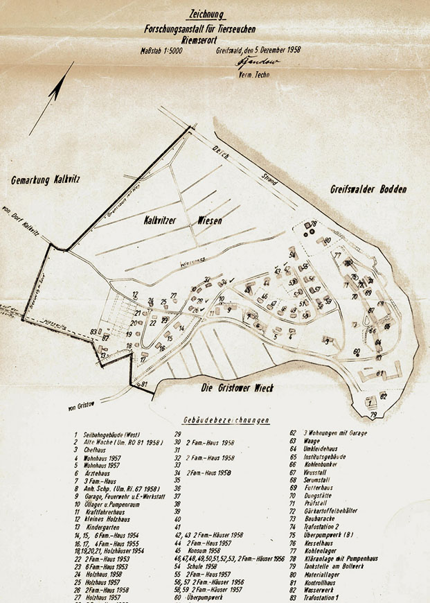 Abb. 1. Riemserort, Hanse- und Universitätsstadt Greifswald, Wohnsiedlung, Lageplan von 1958. Quelle: FLI Riems, Archiv, G 89/4, (Lageplan Riemserort mit allen gebauten Wohnbauten, 5.12.1958) Abb. 1. Riemserort, Hanse- und Universitätsstadt Greifswald, Wohnsiedlung, Lageplan von 1958.